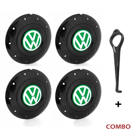 Jogo 4 Calota Centro Roda Ferro VW Amarok Aro 13 14 15 4 Furos Preta Brilhante Emblema Verde + Chave