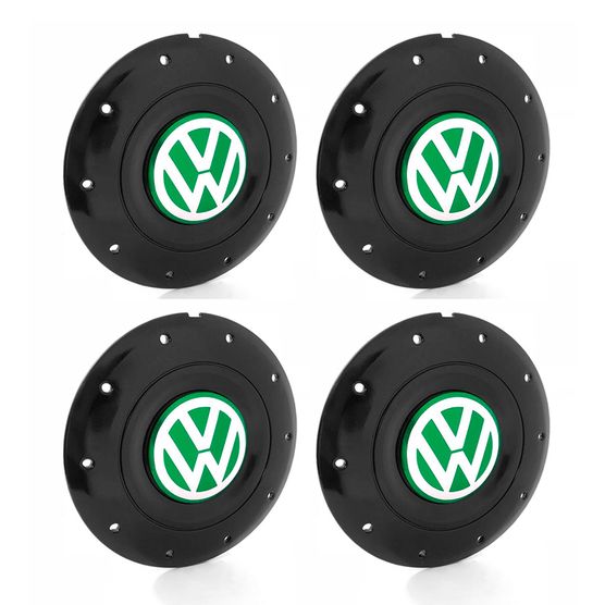 Jogo 4 Calota Centro Roda Ferro VW Amarok Aro 13 14 15 4 Furos Preta Brilhante Emblema Verde