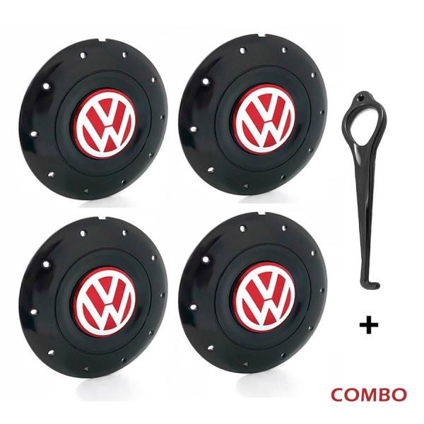 Jogo 4 Calota Centro Roda Ferro VW Amarok Aro 13 14 15 4 Furos Preta Brilhante Emblema Vermelha + Ch