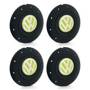 Jogo 4 Calota Centro Roda Ferro VW Amarok Aro 13 14 15 4 Furos Preta Fosca Emblema Amarelo Calota