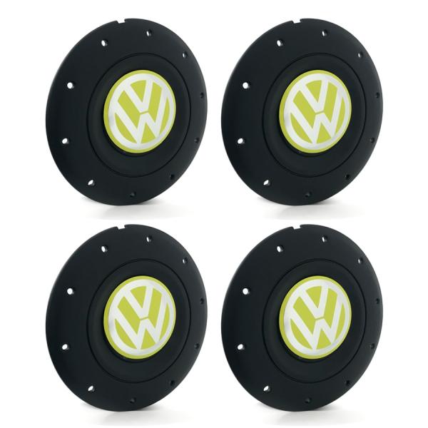 Jogo 4 Calota Centro Roda Ferro Vw Amarok Aro 14 15 5 Furos Preta Fosca Emblema Amarelo