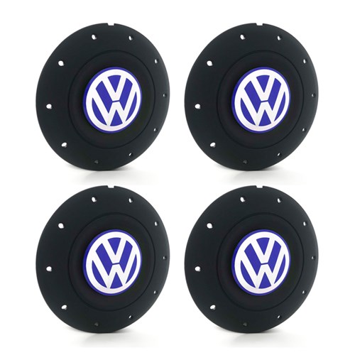 Jogo 4 Calota Centro Roda Ferro Vw Amarok Aro 14 15 5 Furos Preta Fosca Emblema Azul Calota