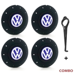 Jogo 4 Calota Centro Roda Ferro VW Amarok Aro 13 14 15 4 Furos Preta Fosca Emblema Azul + Chave de R