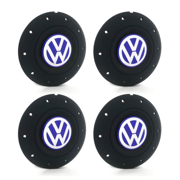 Jogo 4 Calota Centro Roda Ferro Vw Amarok Aro 14 15 5 Furos Preta Fosca Emblema Azul