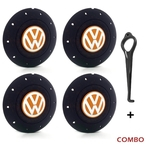 Jogo 4 Calota Centro Roda Ferro VW Amarok Aro 13 14 15 4 Furos Preta Fosca Emblema Laranja + Chave d