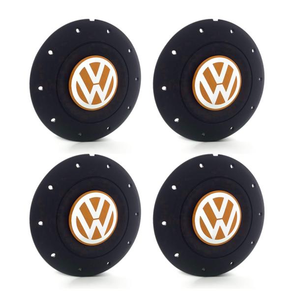 Jogo 4 Calota Centro Roda Ferro VW Amarok Aro 13 14 15 4 Furos Preta Fosca Emblema Laranja