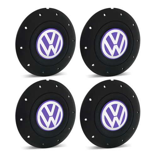 Jogo 4 Calota Centro Roda Ferro Vw Amarok Aro 13 14 15 4 Furos Preta Fosca Emblema Lilás Calota