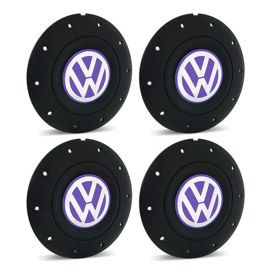 Jogo 4 Calota Centro Roda Ferro VW Amarok Aro 13 14 15 4 Furos Preta Fosca Emblema Lilás