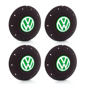 Jogo 4 Calota Centro Roda Ferro VW Amarok Aro 13 14 15 4 Furos Preta Fosca Emblema Verde Calota