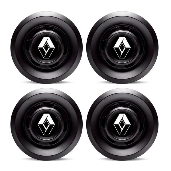 Jogo 4 Calota Centro Roda Vw Saveiro Modelo Novo 4 Furos Preta Brilhante Emblema Renault Preto