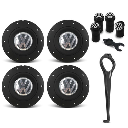 Jogo 4 Calota Roda Ferro Vw Amarok Preta F P Gol G1 + Chave de Remoção + Bico Válvula Preto Calota