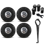 Jogo 4 Calota Roda Ferro VW Amarok Preta F P Voyage G8 + Chave de Remoção + Bico Válvula Preto