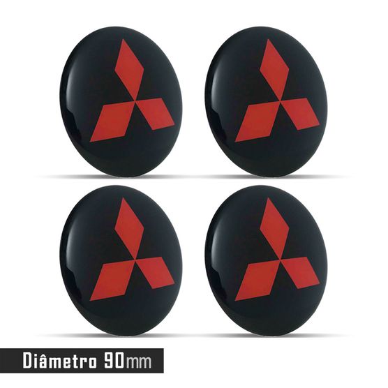 Jogo 4 Emblema Roda Mitsubishi Preto C/ Vermelho 69mm