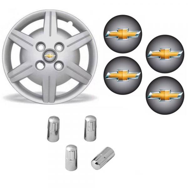 Jogo Calota Aro 13 Corsa Classic 2009 Chevrolet GM Grid Prata + Emblema Resinado + Tampa Ventil Cromada - Grid Calotas