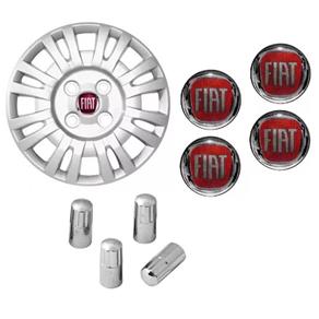 Jogo Calota Aro 13 Fiat Uno Mille Fire Grid Prata + Emblema Resinado + Tampa Ventil Cromada