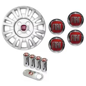 Jogo Calota Aro 13 Fiat Uno Mille Fire Grid Prata + Emblema Resinado + Tampa Ventil