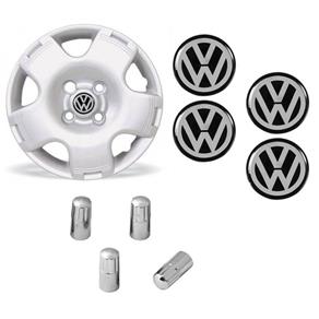 Jogo Calota Aro 13 Gol G4 Parati Saveiro Voyage Volkswagen Grid Prata + Emblema Resinado + Tampa Ventil Cromada