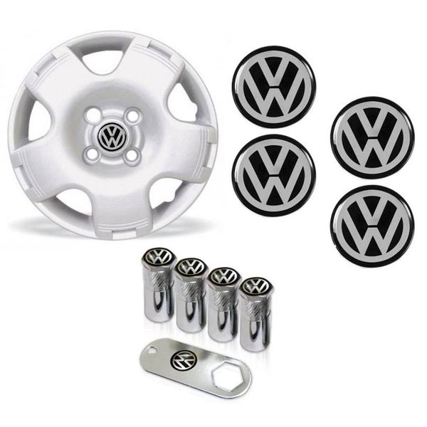 Jogo Calota Aro 13 Gol G4 Parati Saveiro Voyage Volkswagen Grid Prata + Emblema Resinado + Tampa Ventil - Grid Calotas