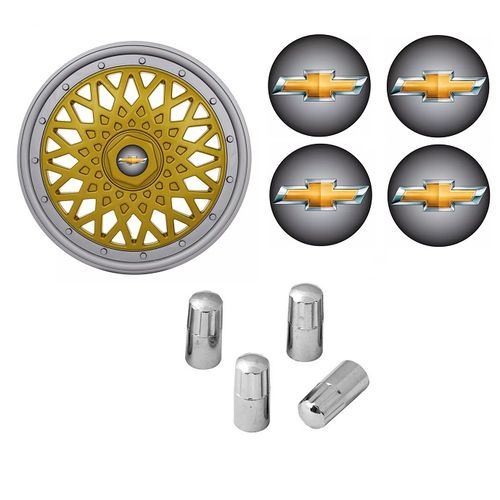 Jogo Calota Aro 13 Grid Super Sport BBS Dourado Prata + Emblema Resinado GM Chevrolet + Tampa Ventil Cromada (Corsa, Meriva, Agile, Celta, Montana, Prisma, Onix, Astra, Cobalt, Spin)