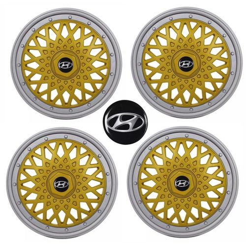 Jogo Calota Aro 13 Grid Super Sport BBS Dourado Prata + Emblema Resinado Hyundai (HB20, HB20S)