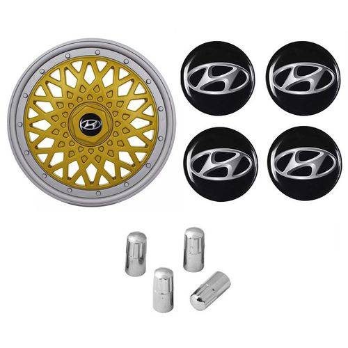 Jogo Calota Aro 13 Grid Super Sport BBS Dourado Prata + Emblema Resinado Hyundai + Tampa Ventil Cromada (HB20, HB20S)