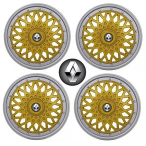 Jogo Calota Aro 13 Grid Super Sport BBS Dourado Prata + Emblema Resinado Renault (Sandero, Logan, Clio, Scenic, Megane)