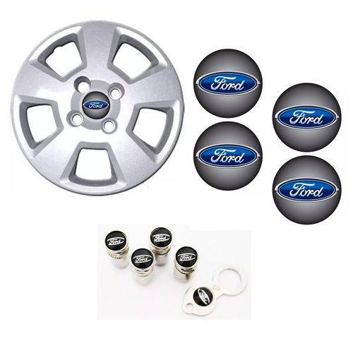 Jogo Calota Aro 14 Ford Fiesta Hatch 2008 2012 + Emblema Resinado + Tampa Ventil