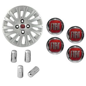 Jogo Calota Aro 13 Grand Siena 2012 2013 Fiat Grid Prata + Emblema Resinado + Tampa Ventil Cromada
