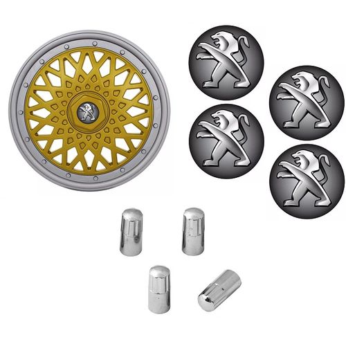 Jogo Calota Aro 13 Grid Super Sport BBS Dourado Prata + Emblema Resinado Peugeot + Tampa Ventil Cromada (206, 207, 208, 307)