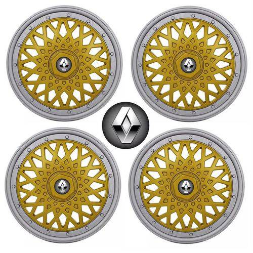 Jogo Calota Aro 14 Grid Super Sport BBS Dourado Prata + Emblema Resinado Renault (Sandero, Logan, Clio, Scenic, Megane)