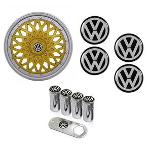 Jogo Calota Aro 13 Grid Super Sport BBS Dourado Prata + Emblema Resinado Volkswagen + Tampa Ventil (Gol, Parati, Saveiro, Voyage, UP, Santana, Fox, Po