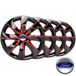 Jogo de calotas aro 13 Balck Red Elitte 1005 emblema Ford Fiesta Ka Focus Escort