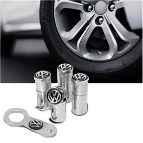 Kit 4 Bicos Anti Furto Cromados + Chave Aperto Bicos Válvula Roda Fabricado em Aço Logo Volkswagem