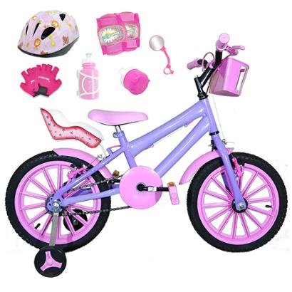 Kit Bicicleta Infantil Aro 16 FlexBikes C/ Cadeirinha de Boneca, Capacete, Kit Proteção e Acessórios