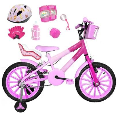 Kit Bicicleta Infantil Aro 16 FlexBikes C/ Cadeirinha de Boneca, Capacete, Kit Proteção e Acessórios