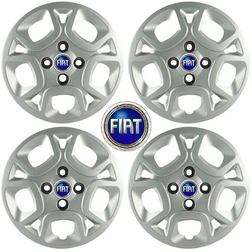 Kit Calotas Aro 14 Fiat Uno Attractive 2011 Grid com Emblema Resinado Azul