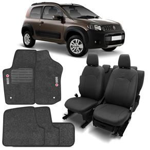 Kit Capa Banco Couro Ecológico Fiat Uno 13 e 14 Inteiriço Grafite + Jogo Tapetes Bordado 5 Peças