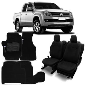 Kit Capa Banco de Couro Ecológico VW Amarok 2016 e 2017 Preta + Jogo Tapetes Bordados