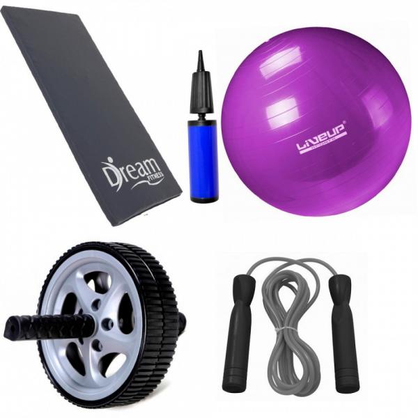 Kit com Colchonete + Corda de Pular + Bola 55 Cm + Roda Abdominal Dream