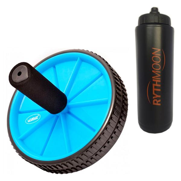Kit Roda Exercícios Abdominal e Lombar - Exercise Wheel - Liveup Azul + Squeeze Automático 1lt - Rythmoon