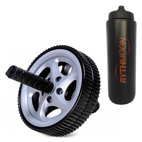 Kit Roda Exercícios Abdominal e Lombar - Exercise Wheel - Liveup Cinza + Squeeze Automático 1lt - Rythmoon