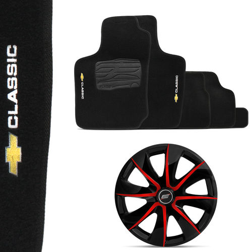 Kit Tapete Corsa Classic 03 a 13 Preto +calotas Elite Preta e Vermelho