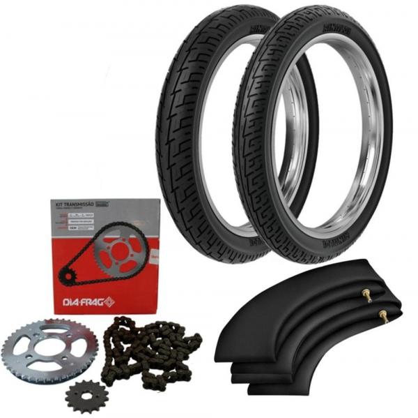 Kit Transmissão + Kit Pneu Cg 125 Fan 2009 100/90-18 + 275-18 Bs32 Rinaldi - Rinaldi e Dia-frag