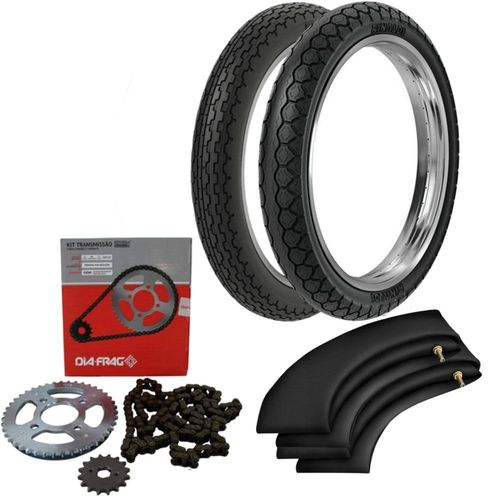 Kit Transmissão + Kit Pneu Titan 2000 90/90-18 Pd29 + 275-18 Rd30 Rinaldi