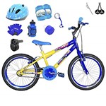 Bicicleta Infantil Aro 20 Azul Kit e Roda Aero Amarela C/Capacete, Kit Proteção e Acelerador