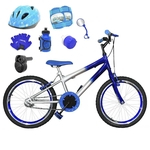 Bicicleta Infantil Aro 20 Prata Azul Kit e Roda Aero Azul C/Capacete, Kit Proteção e Acelerador