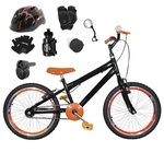 Bicicleta Infantil Aro 20 Preta Kit e Roda Aero Laranja C/Capacete, Kit Proteção e Acelerador