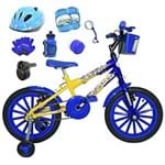 Bicicleta Infantil Aro 16 Azul Kit Amarelo C/Capacete, Kit Proteção e Acelerador