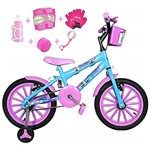 Ficha técnica e caractérísticas do produto Bicicleta Infantil Aro 16 Azul Claro Kit Rosa Bebê C/Acessórios e Kit Proteção