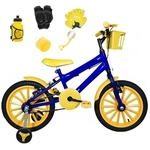 Bicicleta Infantil Aro 16 Azul Kit Amarelo C/Acessórios e Kit Proteção